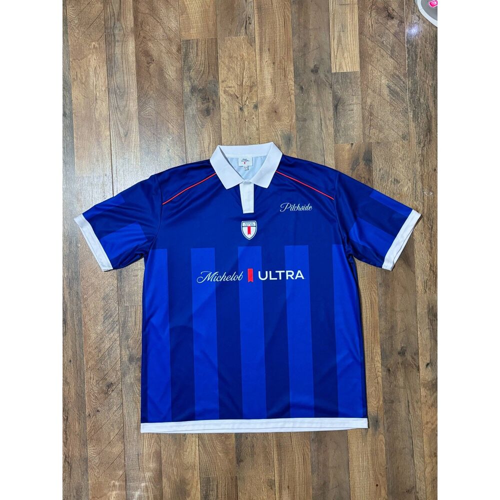 Michelob Ultra Pitchside Soccer Jersey Mens Blue Striped Collared Kit Beer Promo